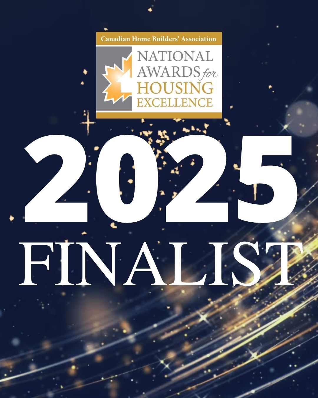 Oakridge - Main Floor and Exterior Renovation 2 2025 Finalist image for the Canadian Home Builders’ Association National Awards for Housing Excellence, showcasing an Oakridge exterior renovation against a dark background with gold sparkles.